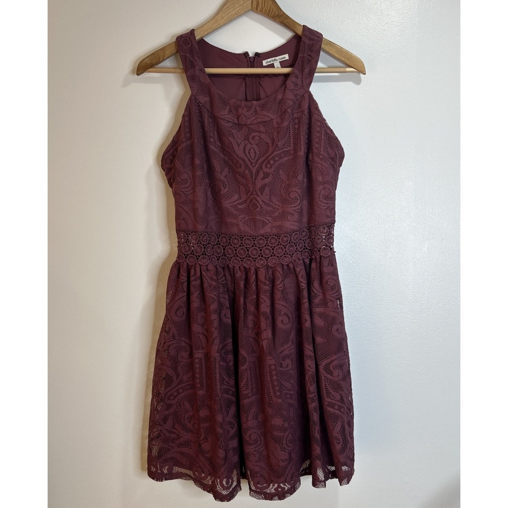 Charlette‎ Russe Size L Lace Burgundy Dress See Through Waist Flowy